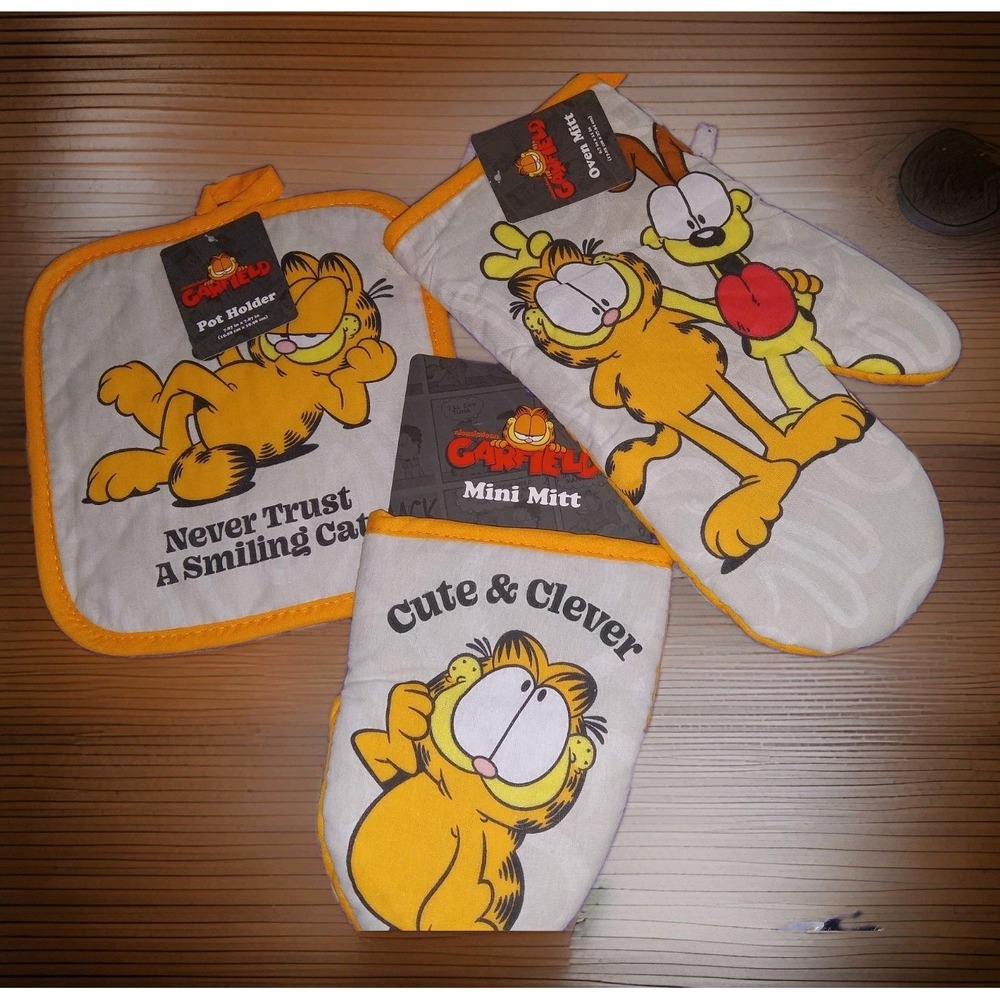 Garfield 3 Pc Kitchen Set Oven Mitt Mini Mitt Pot Holder Orange - NEW